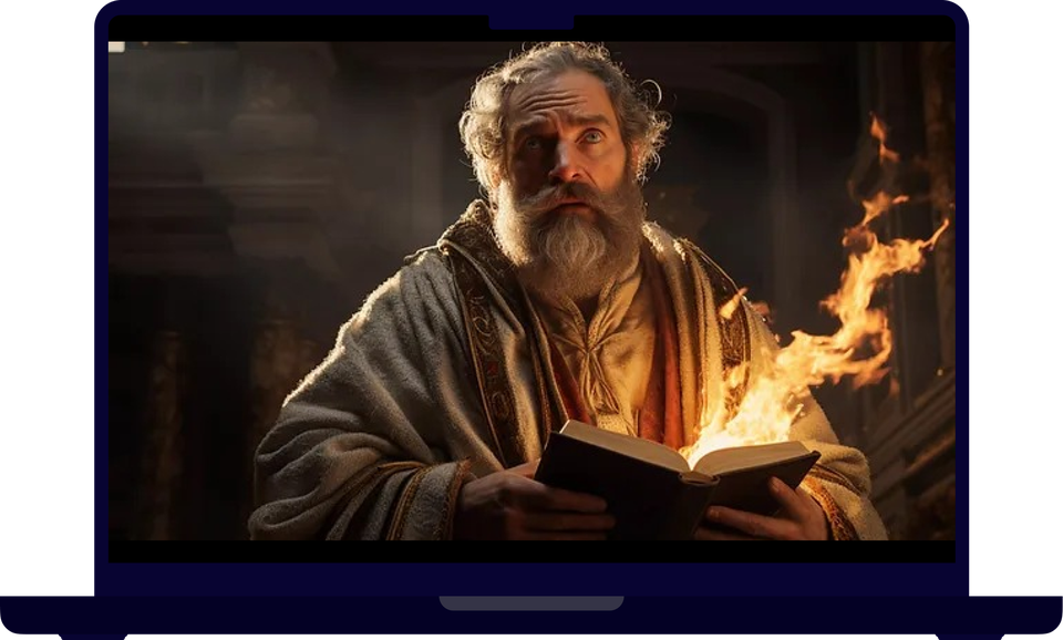 An elderly scholar holding an open book that is bursting into flame, shown on a laptop screen